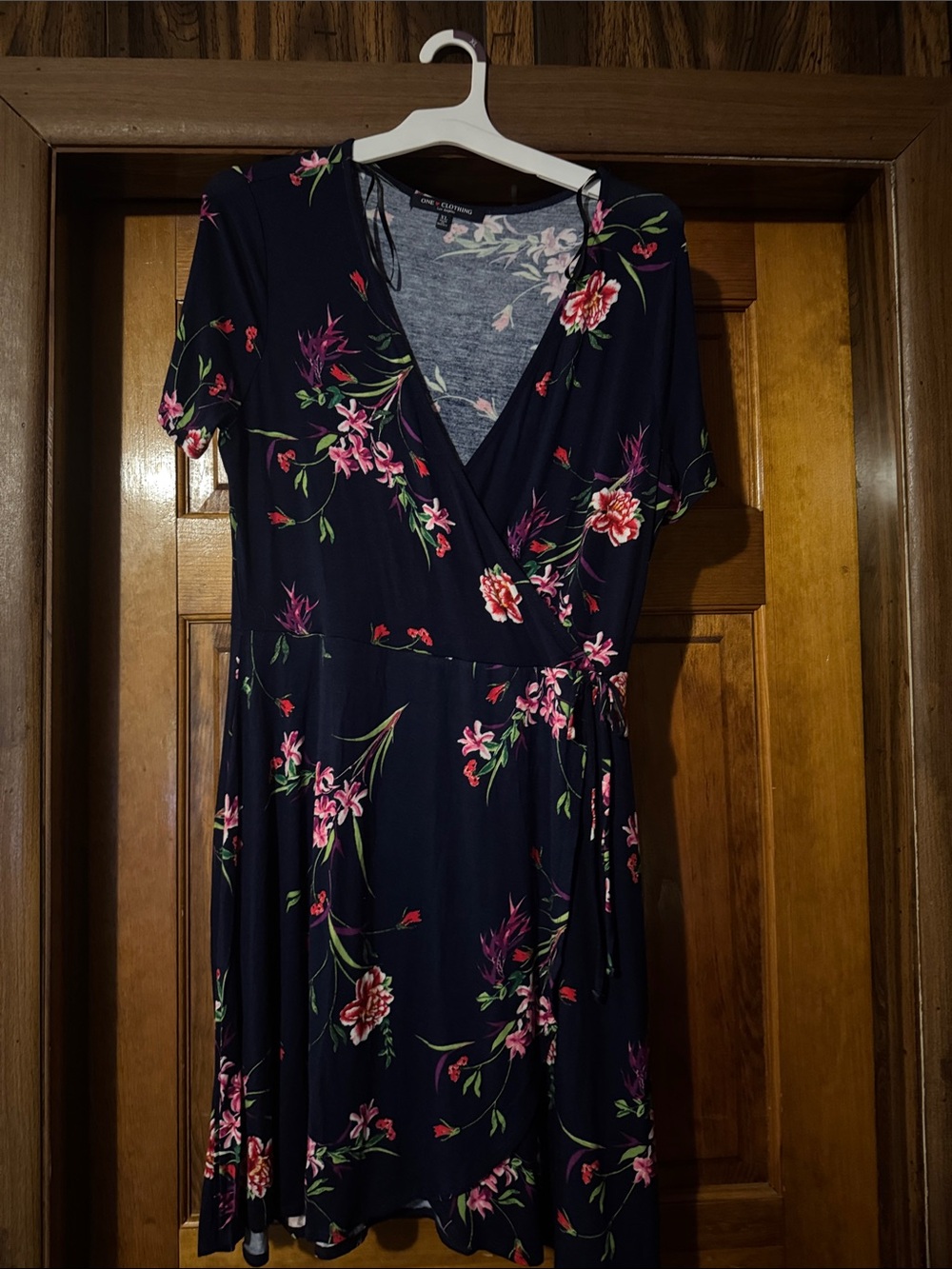 Navy Floral Wrap Midi Dress with Pink Bloom Print